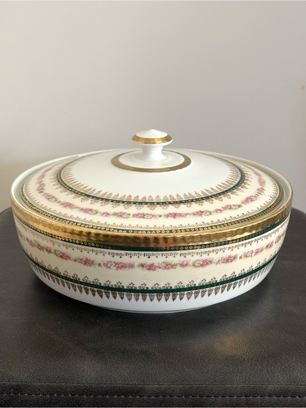 Porcelain Covered Serving Bowl in White with Gold, Green & Pink Trim